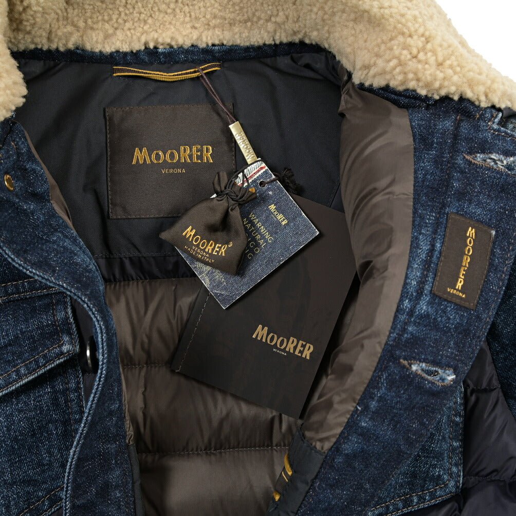 MOORER “MONDOR-FUR-104S” 異素材コンビ デニムダウンジャケット 取り外し可能ファー / JAPANESE FABRIC ネイビー(BLU) 46 | GUARDAROBA MILANO OFFICIAL STORE