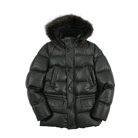 MOORER “PHILIP-PE” シープスキン100% ファーフード付きスタンドカラーダウンコート ブラック(NERO) 48 | GUARDAROBA MILANO OFFICIAL STORE