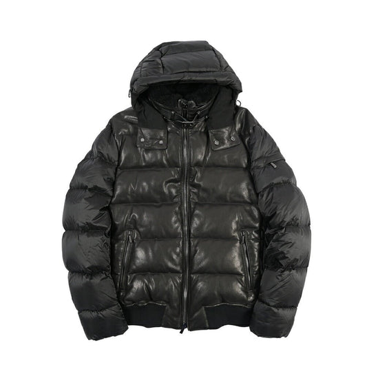 MOORER “WRIGHT-MAS” 異素材コンビ フード付きレザーダウンジャケット ブラック(NERO) 54 | GUARDAROBA MILANO OFFICIAL STORE