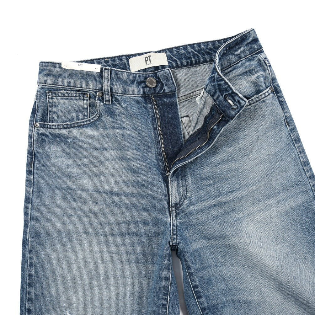 PT TORINO DENIM / "BOY FIT" コットン100%デニム バギーワイドジーンズ / クラッシュ加工 / レディース ブルー 27 | GUARDAROBA MILANO OFFICIAL STORE