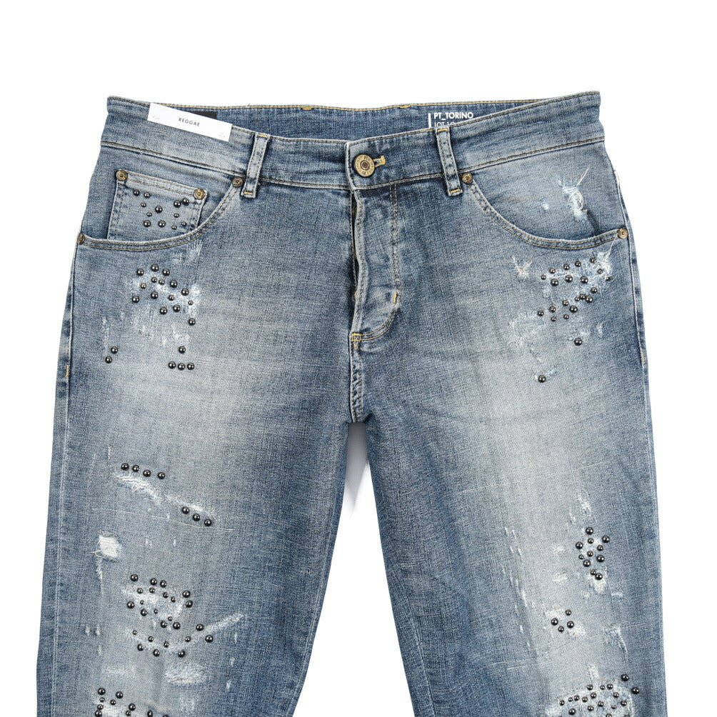 PT TORINO DENIM / "REGGAE" ストレッチデニム テーパードジーンズ / ダメージ加工 ブルー 32 | GUARDAROBA MILANO OFFICIAL STORE