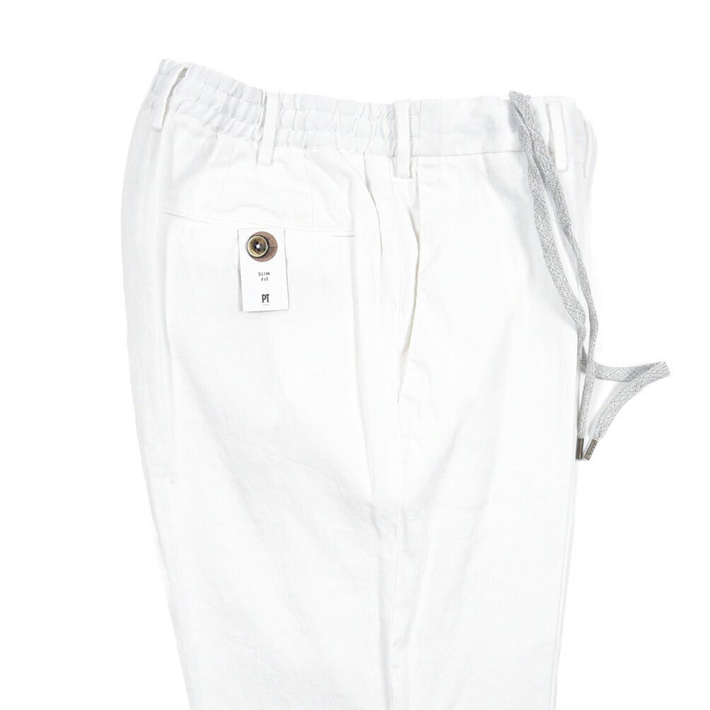 PT TORINO "SLIM FIT" リネン混 ドローコード付きノータックスリムパンツ ホワイト 48 | GUARDAROBA MILANO OFFICIAL STORE