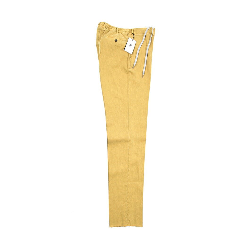 PT TORINO "SLIM FIT" リネン混コットン ドローコード付きノータックパンツ イエロー 52 | GUARDAROBA MILANO OFFICIAL STORE