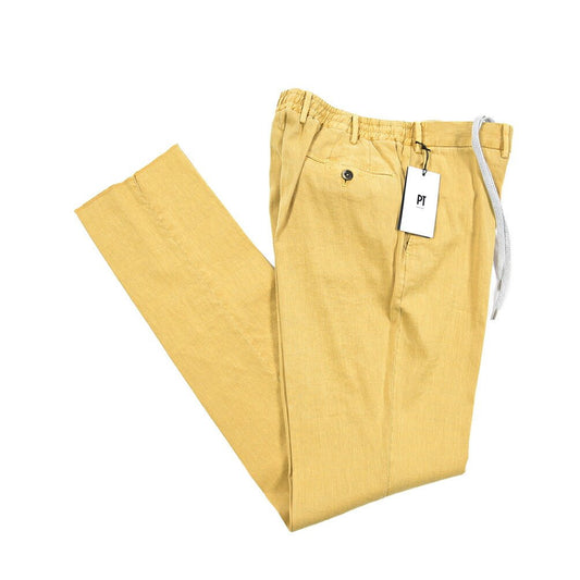 PT TORINO "SLIM FIT" リネン混コットン ドローコード付きノータックパンツ イエロー 52 | GUARDAROBA MILANO OFFICIAL STORE