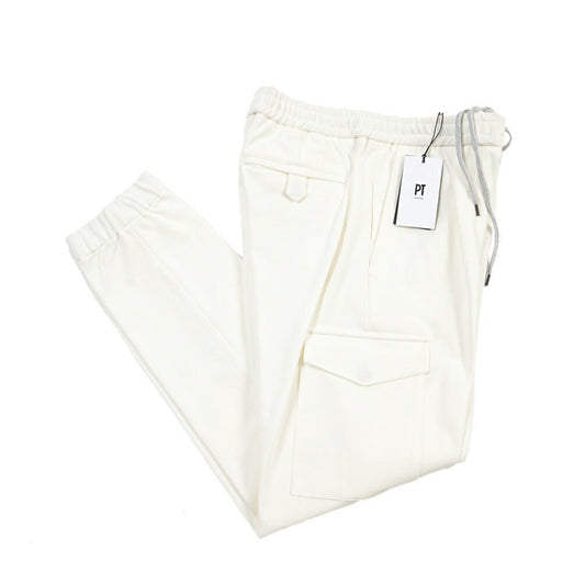 PT TORINO “SOFT FIT” ビスコース混 ドローコード付ワンタックカーゴパンツ ホワイト 48 | GUARDAROBA MILANO OFFICIAL STORE
