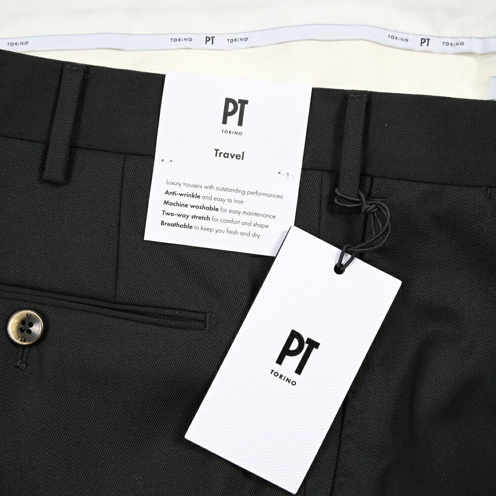 PT TORINO Travel “SUPERSLIM FIT” 高機能ストレッチウール ノータックスラックス / TECHNO WASHABLE WOOL ブラック 54 | GUARDAROBA MILANO OFFICIAL STORE