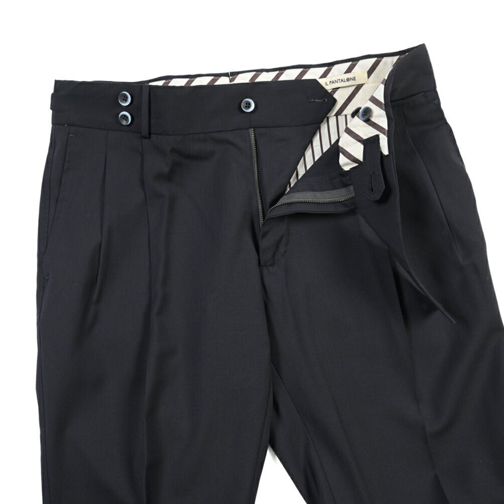 SALE｜GTA “MAX II” ウール100% ツータックベルトレススラックス / COMFORT FIT ネイビー 48 | GUARDAROBA MILANO OFFICIAL STORE