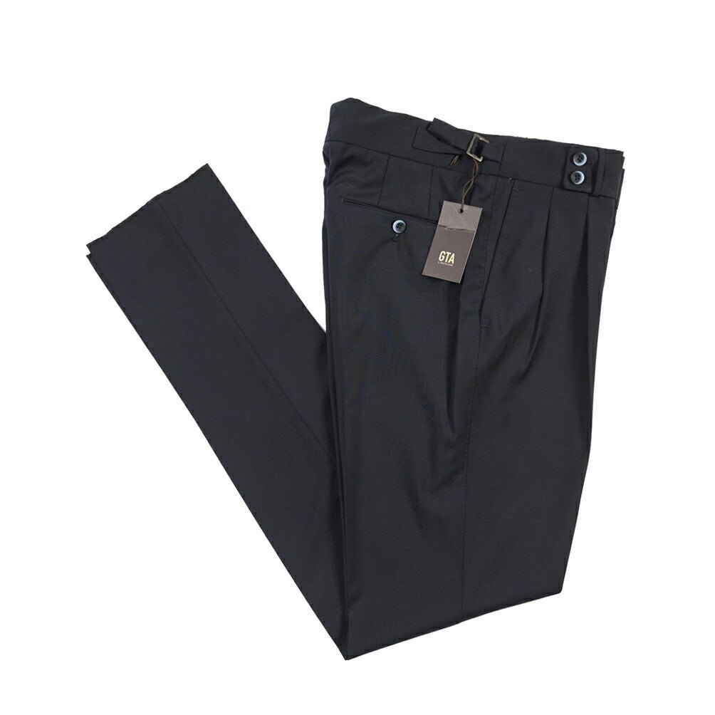 SALE｜GTA “MAX II” ウール100% ツータックベルトレススラックス / COMFORT FIT ネイビー 48 | GUARDAROBA MILANO OFFICIAL STORE
