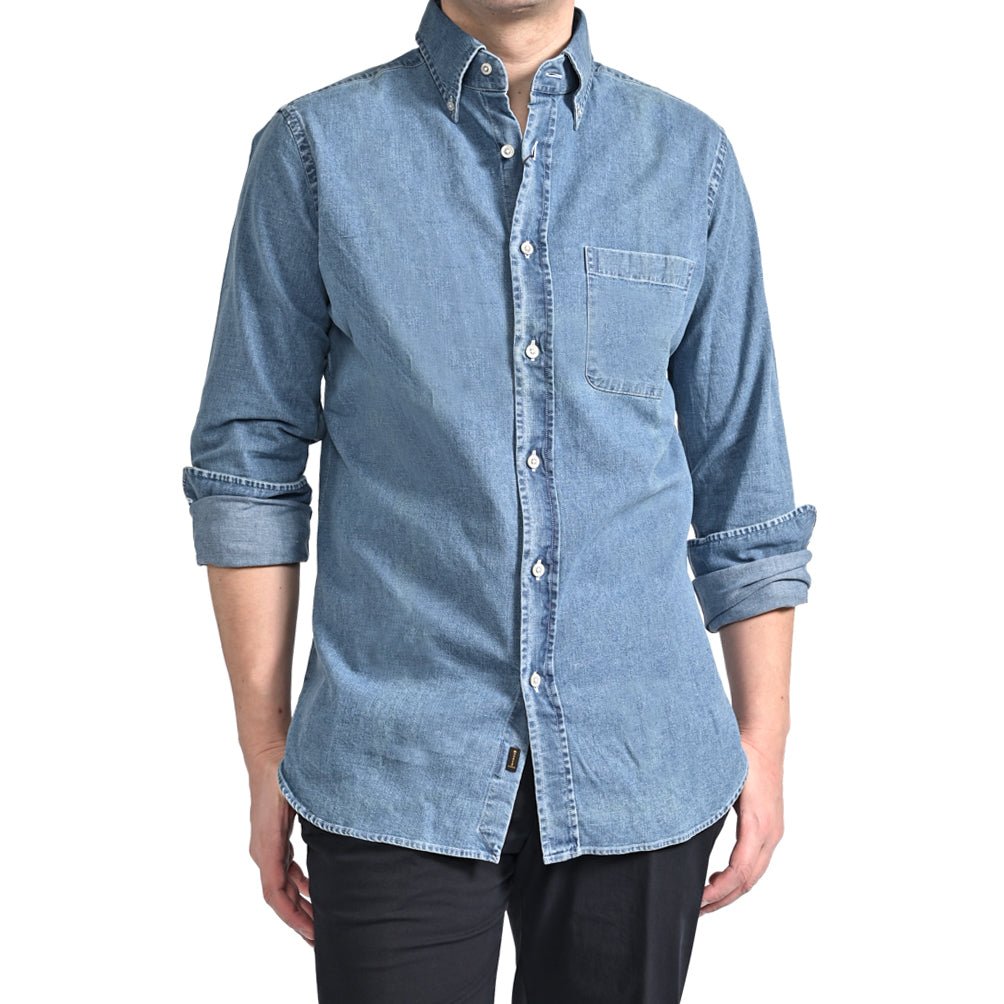 SALE｜MOORER "ROLF - 63 DENIM" ストレッチ コットンカシミヤ ボタンダウンデニムシャツ｜418371-44｜GUARDAROBA MILANO OFFICIAL STORE
