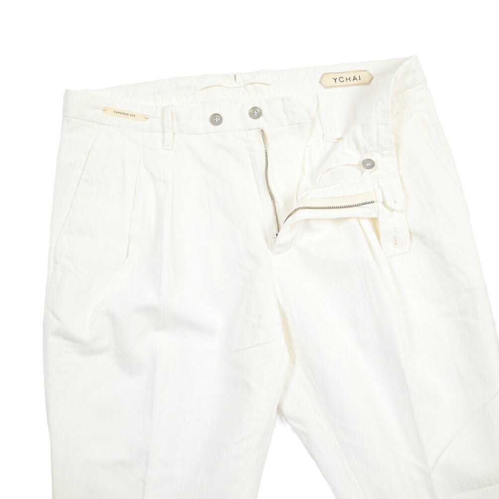 SUMMER SALE｜YCHAI “ROBUSTO” リネン混コットン ツータックヘリンボーンパンツ / TAPERED FIT ホワイト(BIANCO) 32 | GUARDAROBA MILANO OFFICIAL STORE