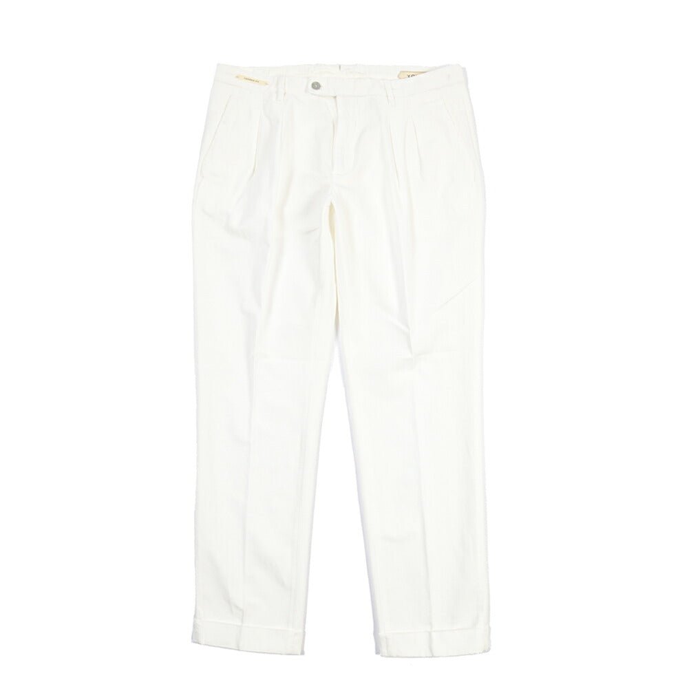 SUMMER SALE｜YCHAI “ROBUSTO” リネン混コットン ツータックヘリンボーンパンツ / TAPERED FIT ホワイト(BIANCO) 32 | GUARDAROBA MILANO OFFICIAL STORE