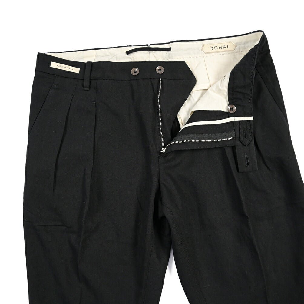 SUMMER SALE｜YCHAI “ROBUSTO” リネン混コットン ツータックパンツ / TAPERED FIT ブラック(NERO) 33 | GUARDAROBA MILANO OFFICIAL STORE