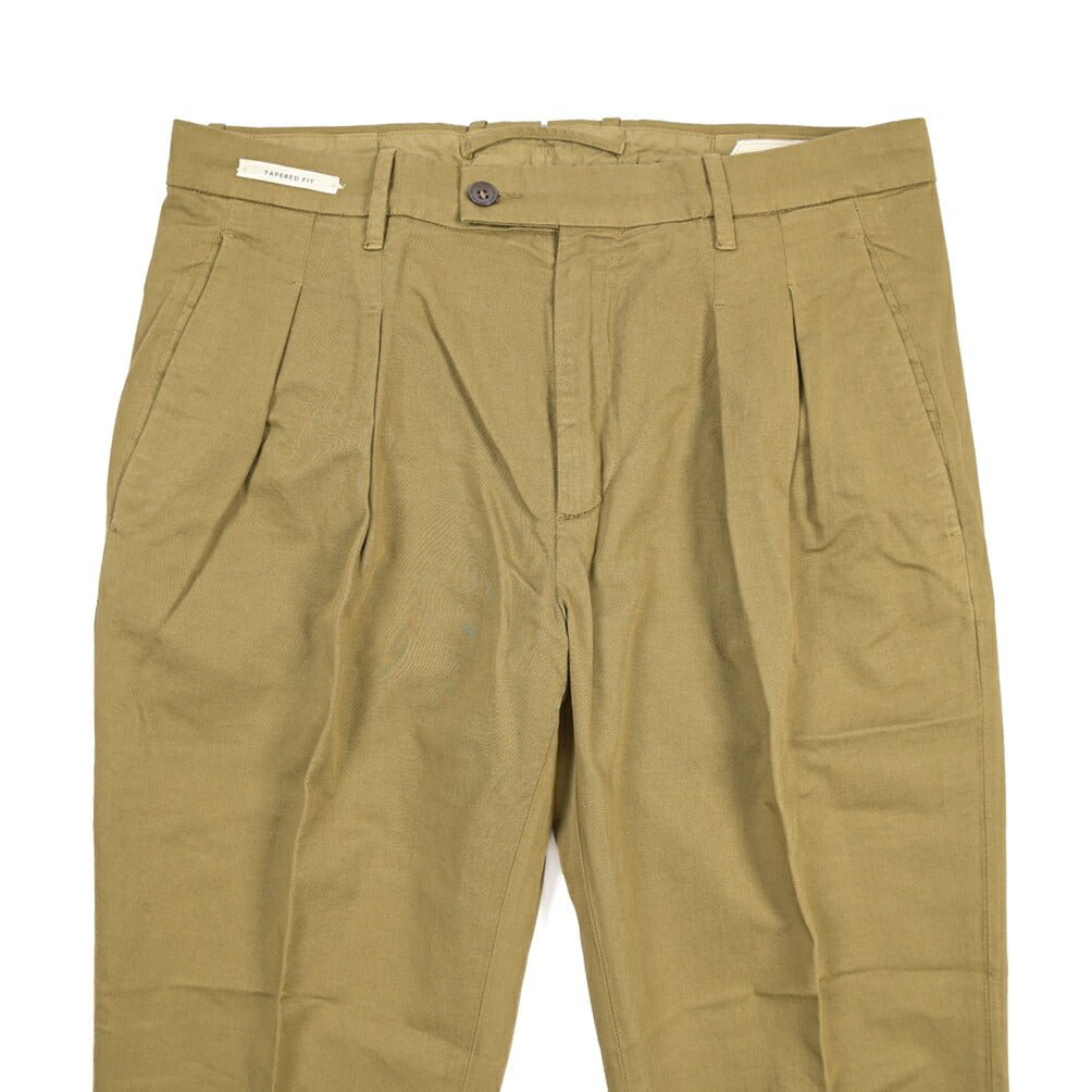 YCHAI “ROBUSTO” リネン混コットン ツータックストレッチパンツ / TAPERED FIT カーキグリーン(SENAPE) 30 | GUARDAROBA MILANO OFFICIAL STORE