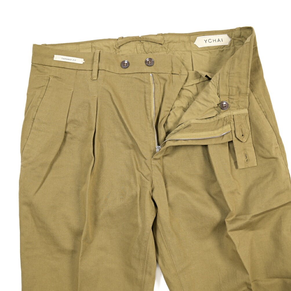 YCHAI “ROBUSTO” リネン混コットン ツータックストレッチパンツ / TAPERED FIT カーキグリーン(SENAPE) 30 | GUARDAROBA MILANO OFFICIAL STORE