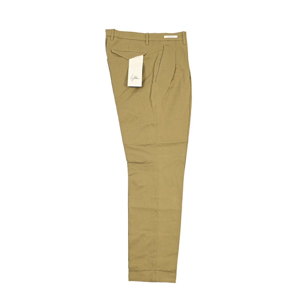 YCHAI “ROBUSTO” リネン混コットン ツータックストレッチパンツ / TAPERED FIT カーキグリーン(SENAPE) 30 | GUARDAROBA MILANO OFFICIAL STORE