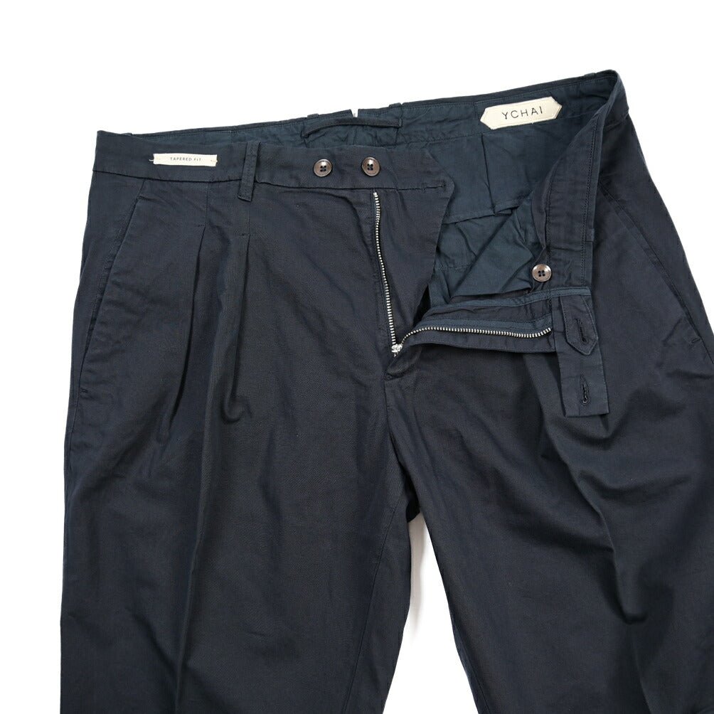 YCHAI “ROBUSTO” リネン混コットン ツータックストレッチパンツ / TAPERED FIT ネイビー(BLU) 30 | GUARDAROBA MILANO OFFICIAL STORE