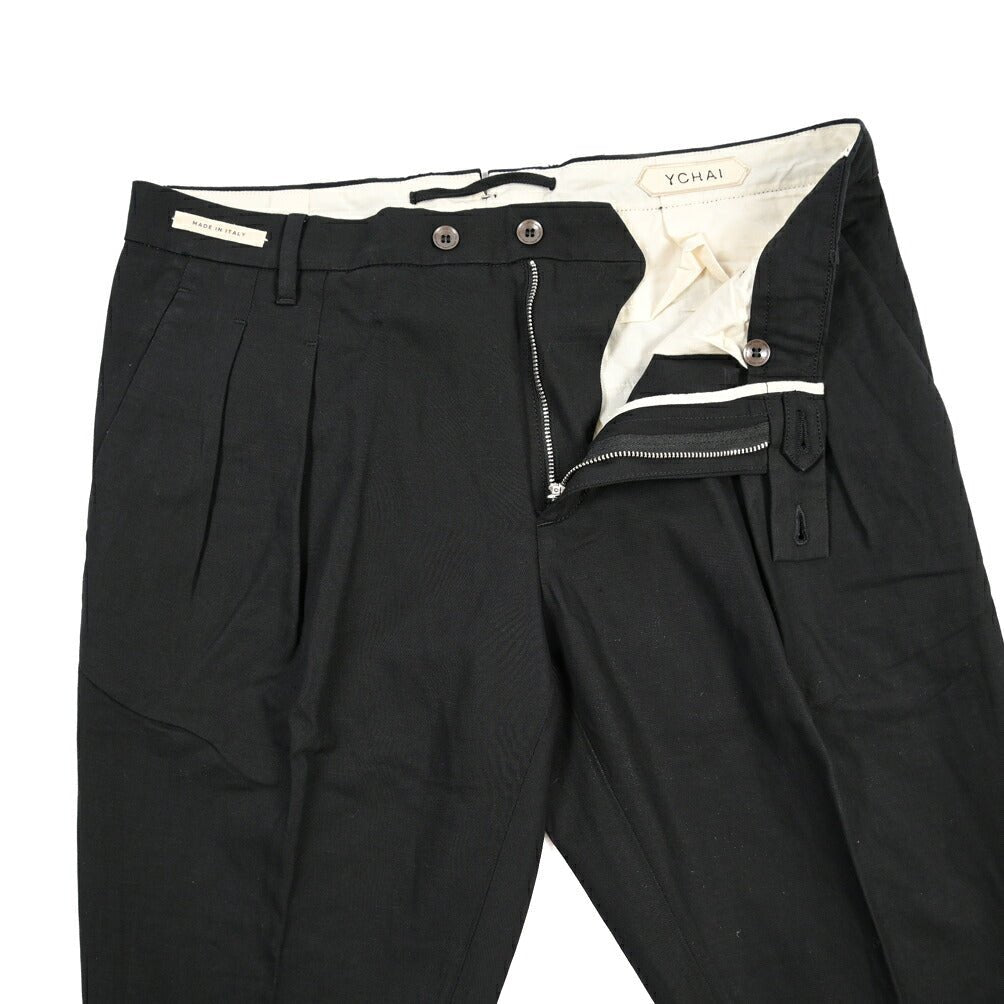 YCHAI “ROBUSTO” リネン混コットン ツータックパンツ / TAPERED FIT ブラック(NERO) 33 | GUARDAROBA MILANO OFFICIAL STORE