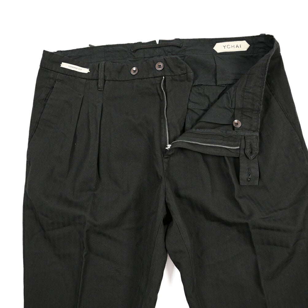 YCHAI “ROBUSTO” リネン混コットン ツータックヘリンボーンパンツ / TAPERED FIT ブラック(NERO) 34 | GUARDAROBA MILANO OFFICIAL STORE