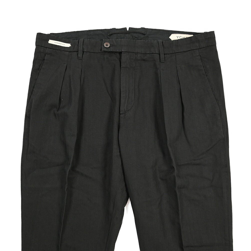 YCHAI “ROBUSTO” リネン混コットン ツータックヘリンボーンパンツ / TAPERED FIT ブラック(NERO) 34 | GUARDAROBA MILANO OFFICIAL STORE