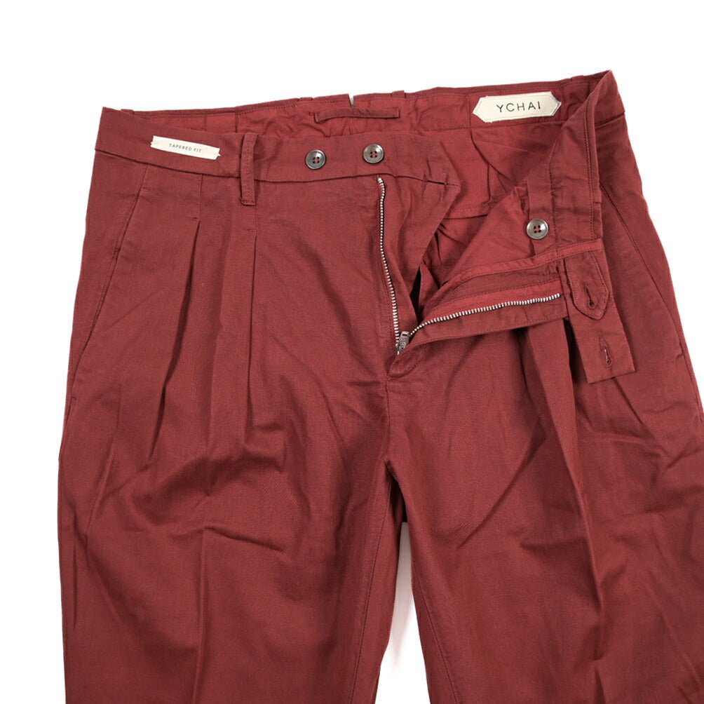 YCHAI “ROBUSTO” リネン混コットン ツータックストレッチパンツ / TAPERED FIT ワインレッド(BORDEAUX) 29 | GUARDAROBA MILANO OFFICIAL STORE