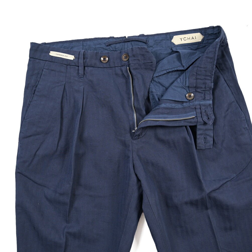YCHAI “ROBUSTO” リネン混コットン ツータックヘリンボーンパンツ / TAPERED FIT ネイビー(BLU) 31 | GUARDAROBA MILANO OFFICIAL STORE