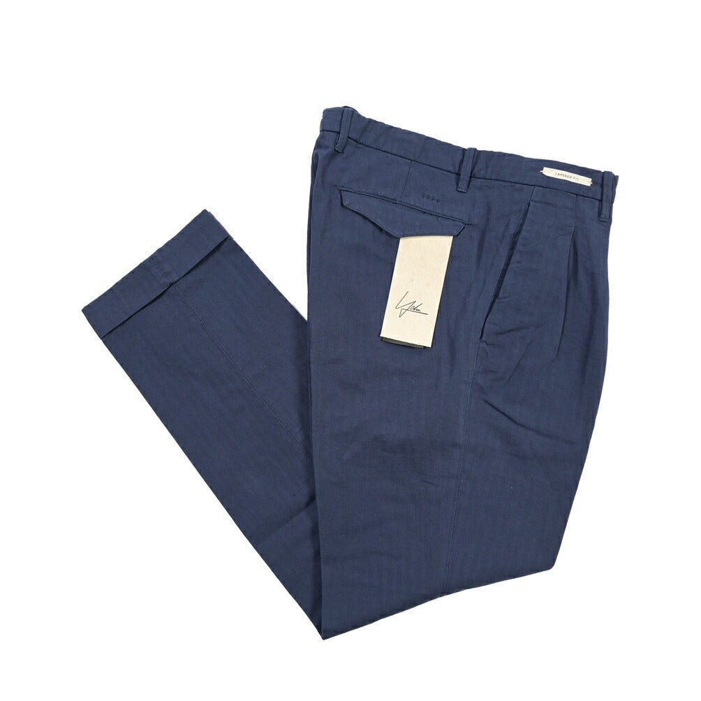 YCHAI “ROBUSTO” リネン混コットン ツータックヘリンボーンパンツ / TAPERED FIT ネイビー(BLU) 31 | GUARDAROBA MILANO OFFICIAL STORE