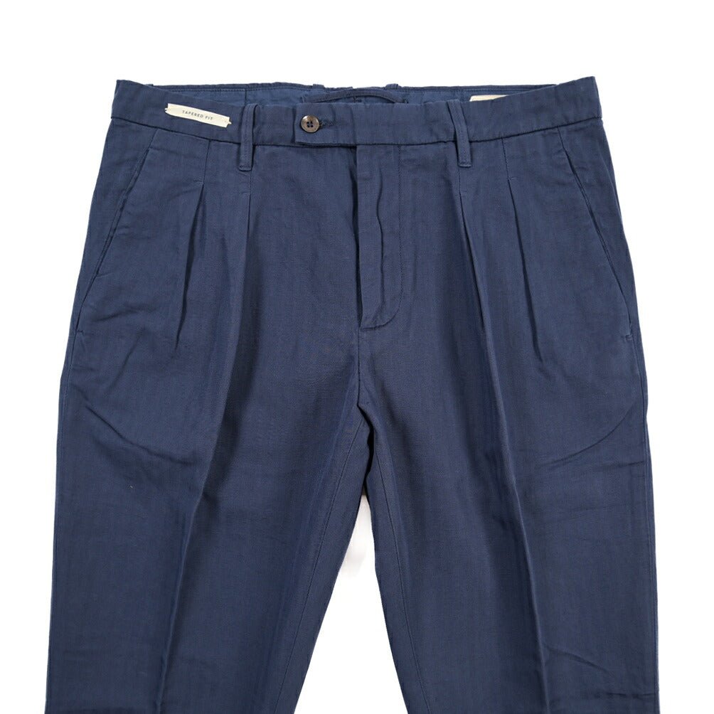 YCHAI “ROBUSTO” リネン混コットン ツータックヘリンボーンパンツ / TAPERED FIT ネイビー(BLU) 31 | GUARDAROBA MILANO OFFICIAL STORE