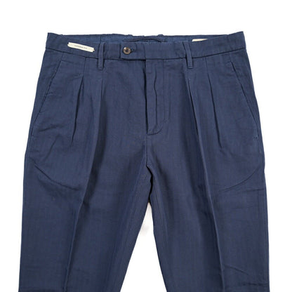YCHAI “ROBUSTO” リネン混コットン ツータックヘリンボーンパンツ / TAPERED FIT ネイビー(BLU) 31 | GUARDAROBA MILANO OFFICIAL STORE